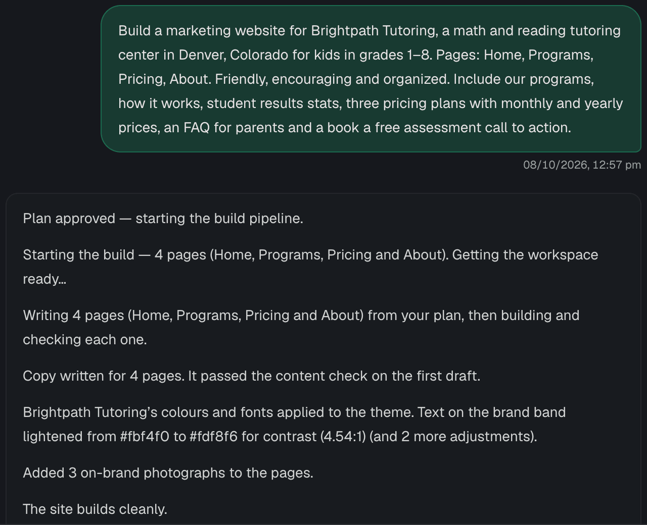 Build log narrating each step of the Brightpath Tutoring build