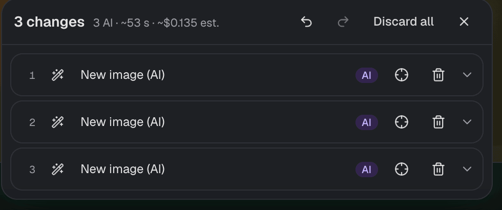 Change queue showing 3 AI calls and an estimated cost of $0.135