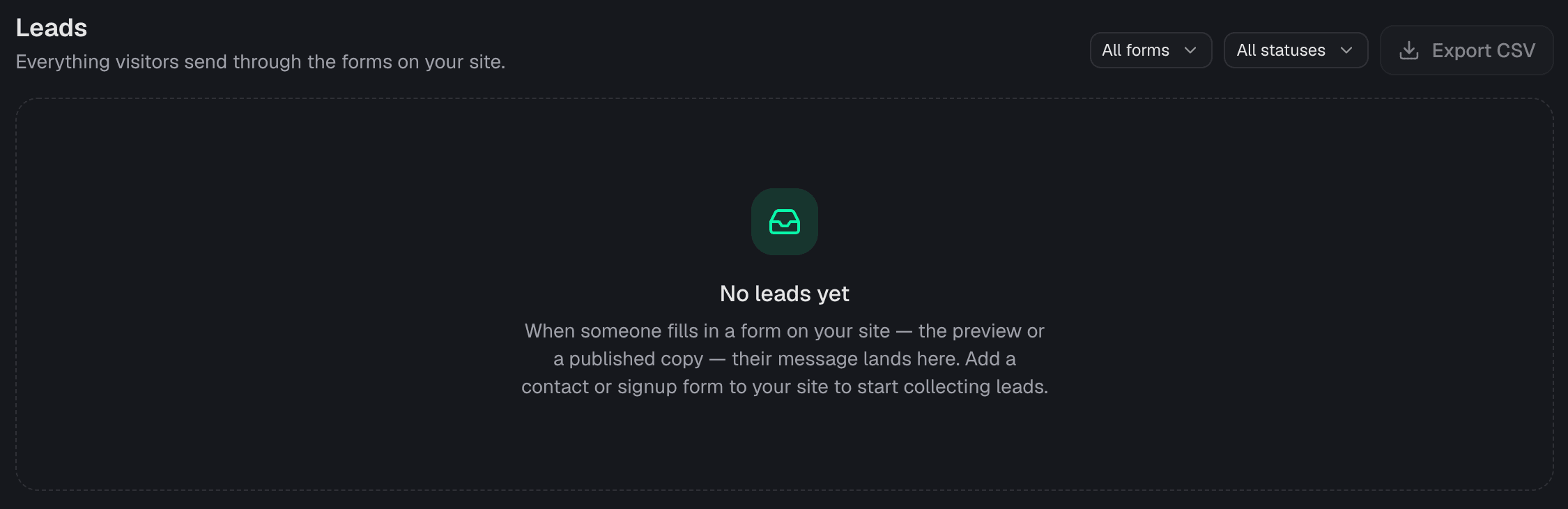 Leads inbox with form and status filters and CSV export