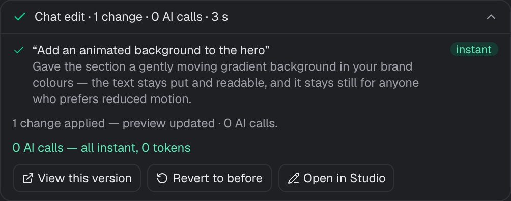 Change card reading 0 AI calls, all instant, 0 tokens