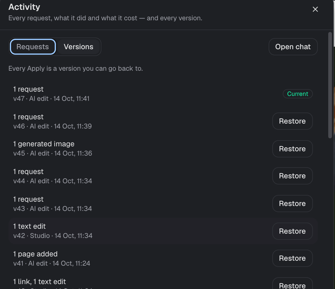 Version list with Restore buttons
